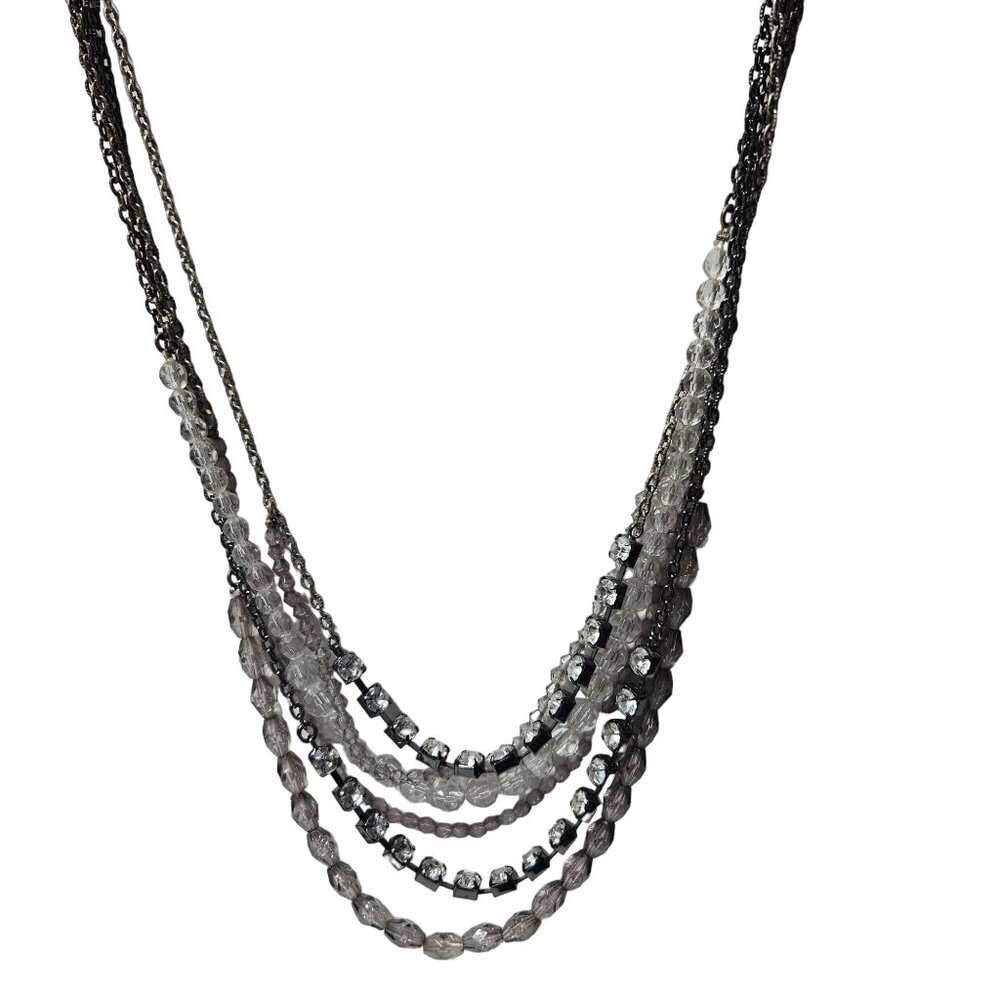 American Eagle Elegant Crystal Beaded Layered Necklace Multi Strand Silver Tone